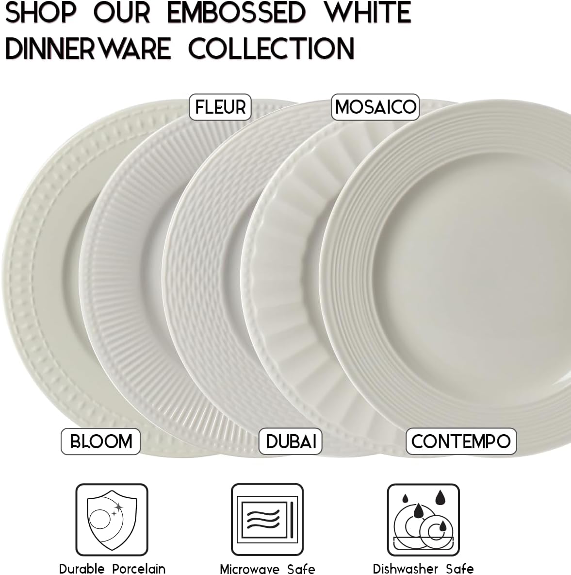TTU Tabletops Gallery Embossed Bone White Porcelain Round Dinnerware Collection- Chip Resistant Scratch Resistant, Dubai 12 Piece Dinnerware Set (Dinner Plate, Salad Plate, Cereal Bowl)