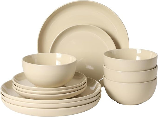 Gibson Home Rockaway 12 Piece Plates and Bowls Matte Glaze Service for 4 Dinnerware Set - Warm Cream - Dishwasher and Microwave Safe
