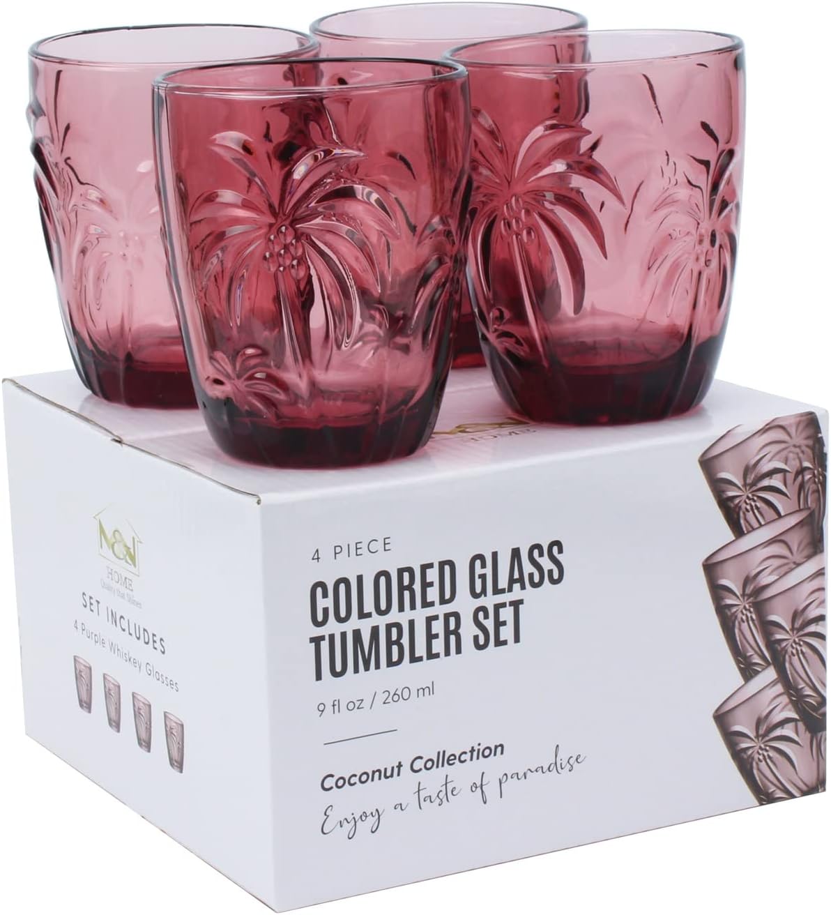 M&N HOME Colored Whiskey Glasses, Set of 4 Colorful Drinking Glasses, 9 Oz Coconut Cups, Glass Tumblers, Glass Cups for Water and Juice, Tiki Cups, Tropical Themed Glassware Set - PURPLE SET