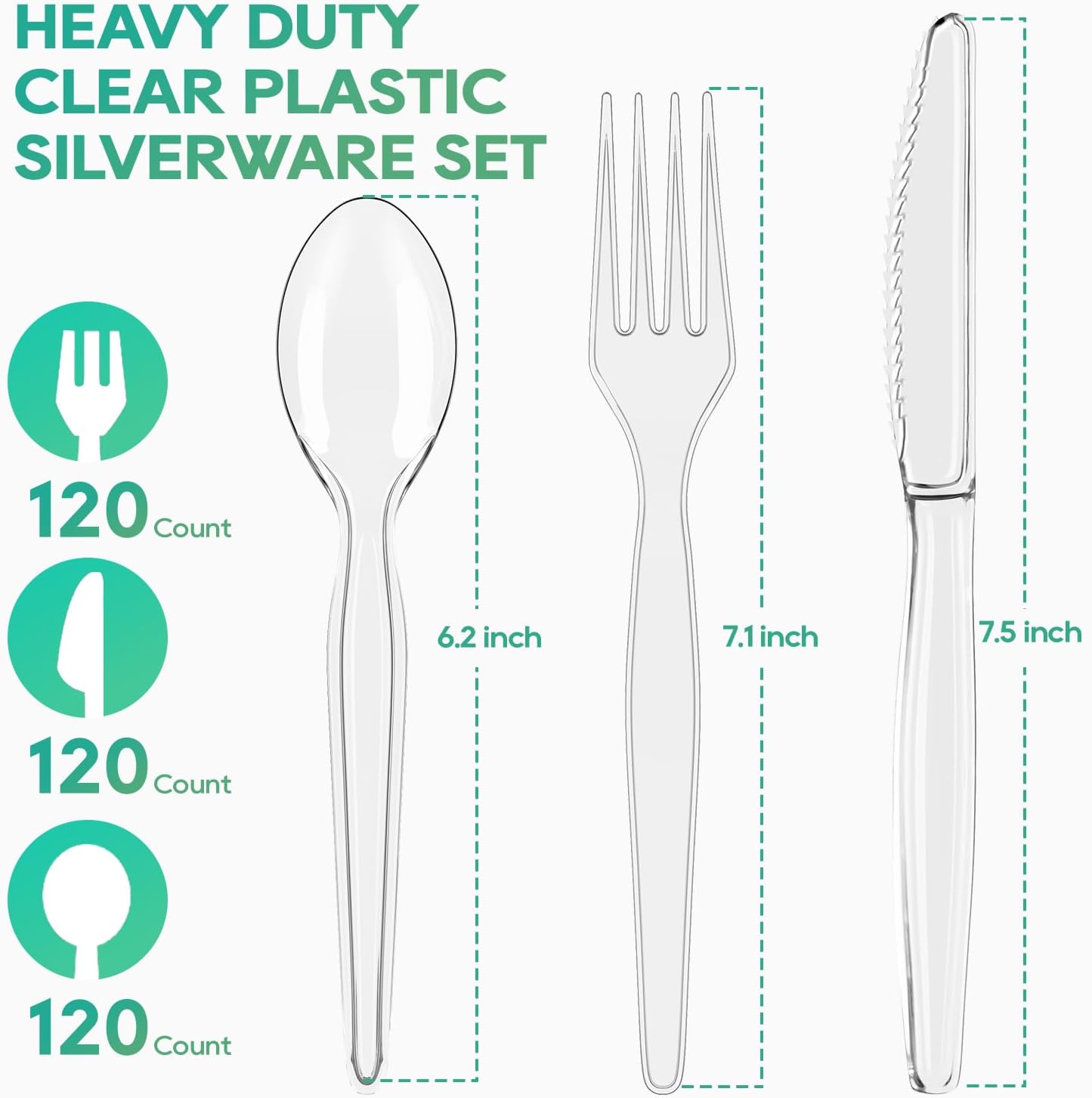 FOCUSLINE 360 Count Clear Plastic Silverware, 120 Forks, Knives and Spoons Each, BPA-Free, Heavy Duty Disposable Cutlery Set, Premium Disposable Flatware Plastic Utensils for Party Everyday Use