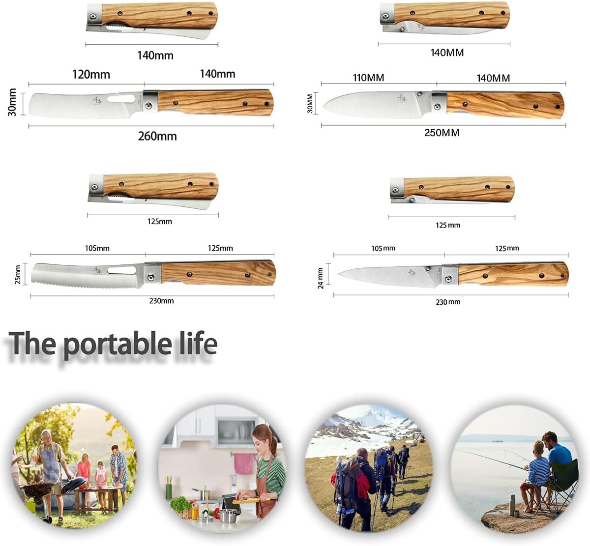 SENBON 440A stainless steel Gift wrapped 4 piece set sharp pocket folding Japanese chef knife universal peeling knife bread knife set portable kitchen knives with natural olive handle
