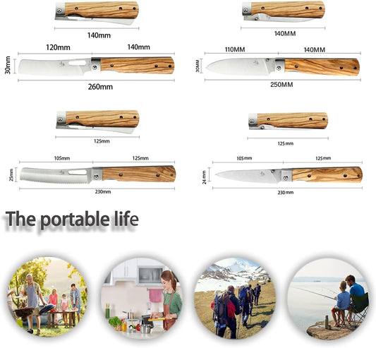 SENBON 440A stainless steel Gift wrapped 4 piece set sharp pocket folding Japanese chef knife universal peeling knife bread knife set portable kitchen knives with natural olive handle