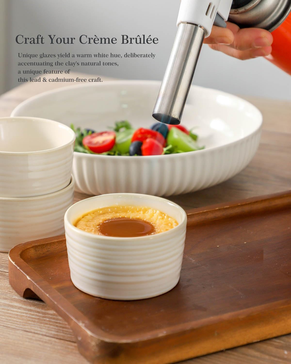 Hasense 4 oz Ramekins Oven Safe, Ceramic Creme Brulee Bowls Set of 6, Mini Baking Dishes for Souffle Pudding, Serving Dip, Custard, Ice Cream, Clay-Infused White