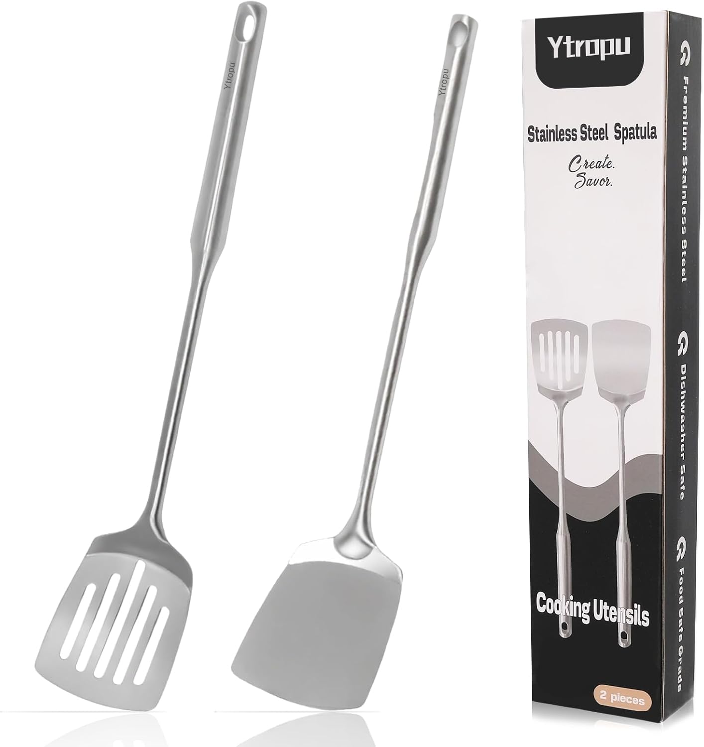 2 Pcs stainless steel spatula set,Heat Resistant metal spatula for cooking, kitchen utensils set Include Solid & Slotted Turner,Ergonomic Handle, Easy to Clean