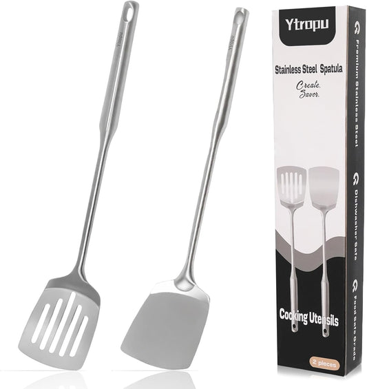 2 Pcs stainless steel spatula set,Heat Resistant metal spatula for cooking, kitchen utensils set Include Solid & Slotted Turner,Ergonomic Handle, Easy to Clean