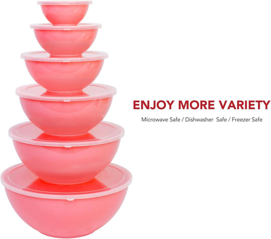 BoxedHome BPA Free Plastic Round Mixing Bowl with Lids, 12 Pack Nesting Bowls with Lids Set, Microwave and Dishwasher Safe Prep & Serving Bowls Great for Mixing, Baking, Serving (Pink, 12pcs)