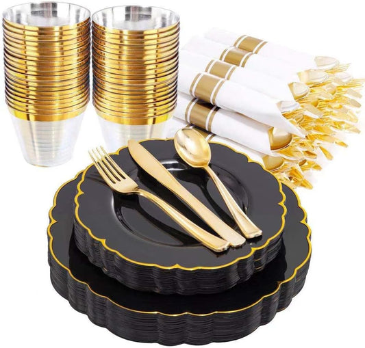 Morejoy 175PCS Black Gold Plastic Plates, Black Plate with Rolled Napkins: 50 Plates, 25 Spoons, 25 Forks, 25 Knives, 25 Cups for Wedding & Party & Birthday & New Year & Halloween