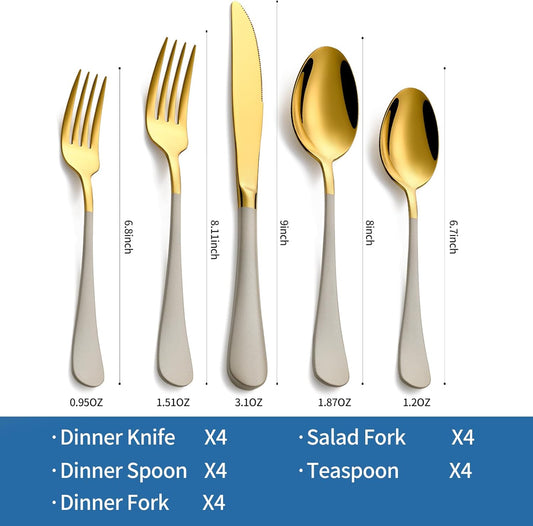 20-Piece Off white & Gold Silverware Set, 18/0 Stainless Steel Colorful Handle Flatware Set,Service for 4,Modern Cutlery Set Includes Dinner Knives Forks Spoons,Mirror Polished,Dishwasher Safe
