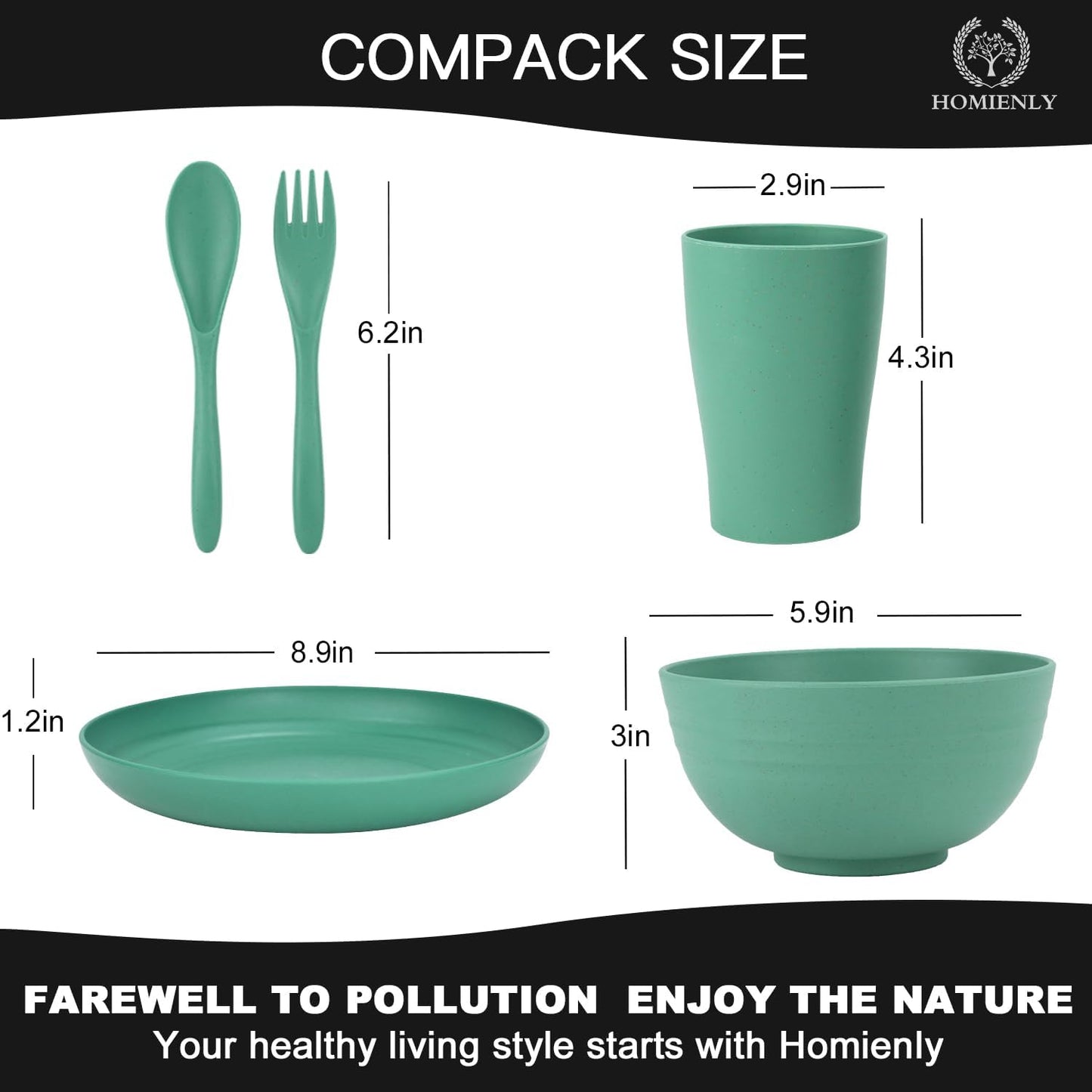 Wheat Straw Dinnerware Sets, Homienly 20pcs Unbreakable Microwave Dishwasher Safe Tableware Lightweight Bowls, Cups, Plates Set Reusable Dinner Plates Bowls set (Green)