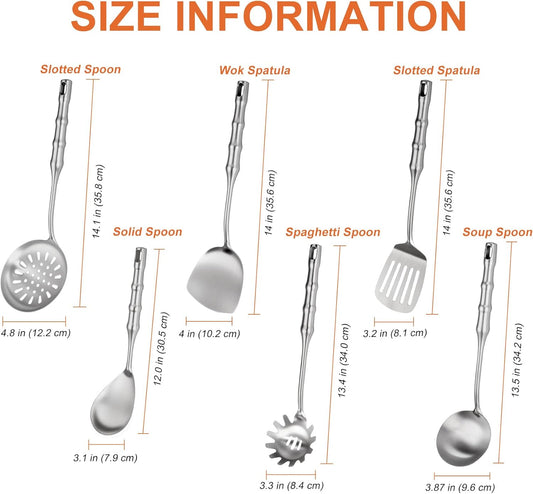 304 Stainless Steel Cooking Utensils,6 Pcs Metal Cooking Utensils Set,Kitchen Tools Set Include Soup Spoon,Slotted Spatula,Skimmer,Spaghetti Spoon,etc (Dishwasher Safe)
