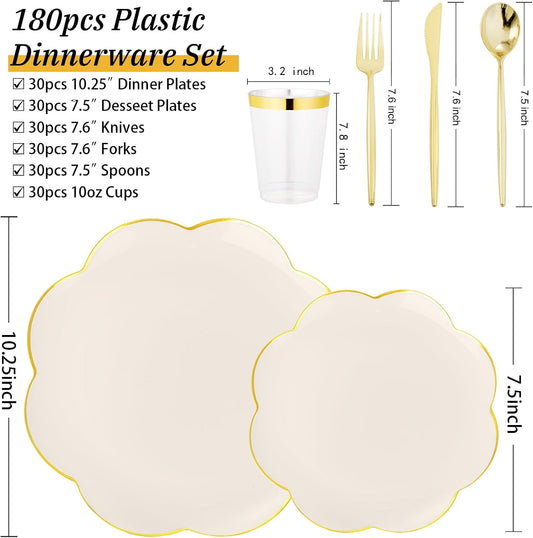 EI 180pcs Beige Plastic Plates with Gold Plastic Silverware,Heavy-Duty Disposable Plates for Party,Beige Dinnerware Set for 30 Guest Wedding,Birthday