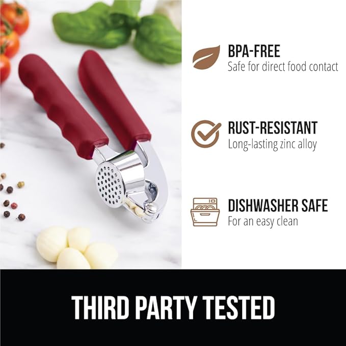 GORILLA GRIP Garlic Press and Peel Set, Heavy Duty Mincer Tool, Easily Mince and Crush Garlics, Ginger, Nuts, Seeds, Large Ergonomic Handle, Peeler Included, Peeling Cloves, Kitchen Gadgets, Red
