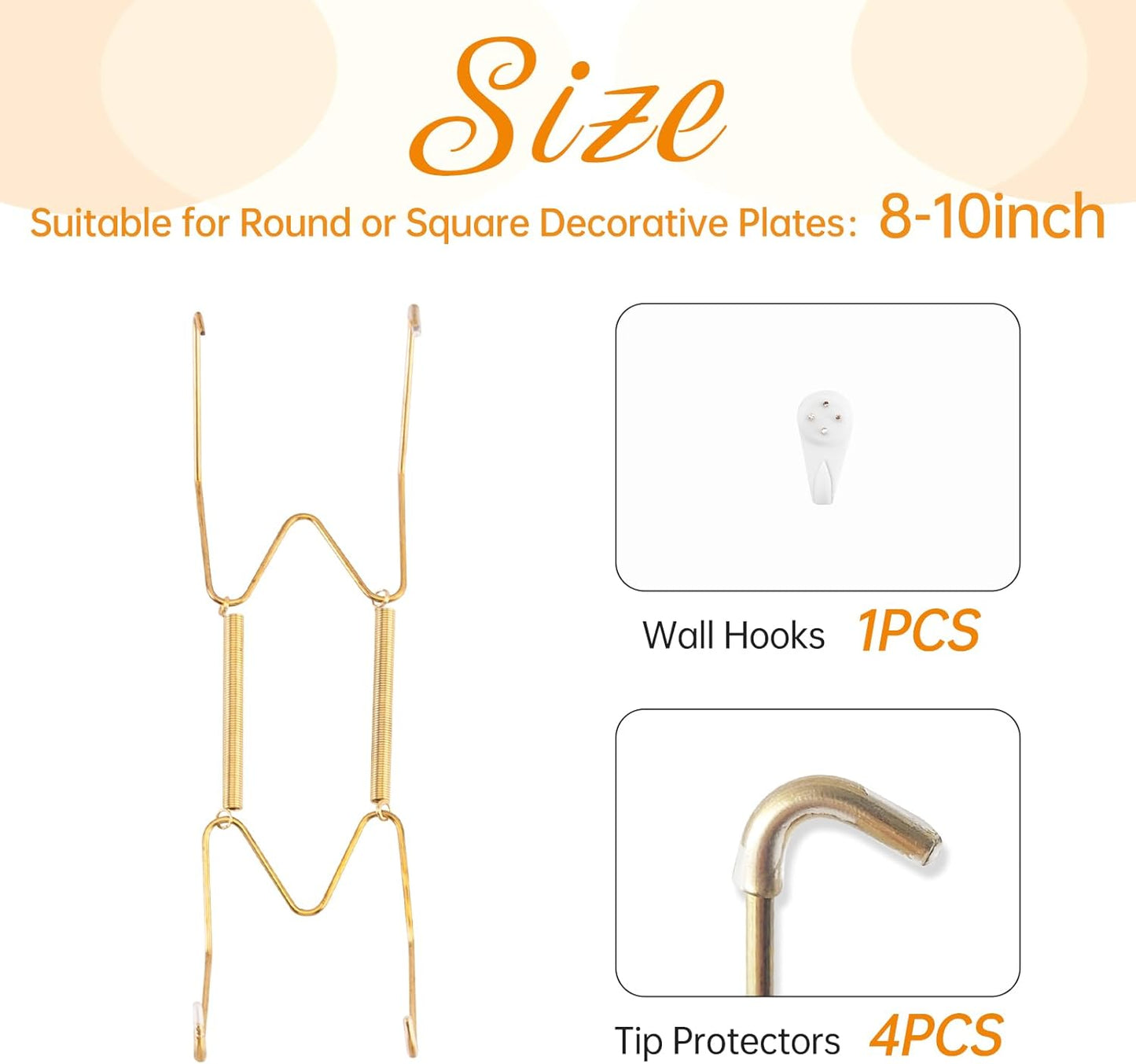 Plate Hangers for The Wall, Suitable for 8-10 inch Decorative Plate, Stainless Steel Wire Plate Holder with Wall Hooks and Rubber tip Protectors, Plate Hangers for Displaying Plates, Platter, Gold