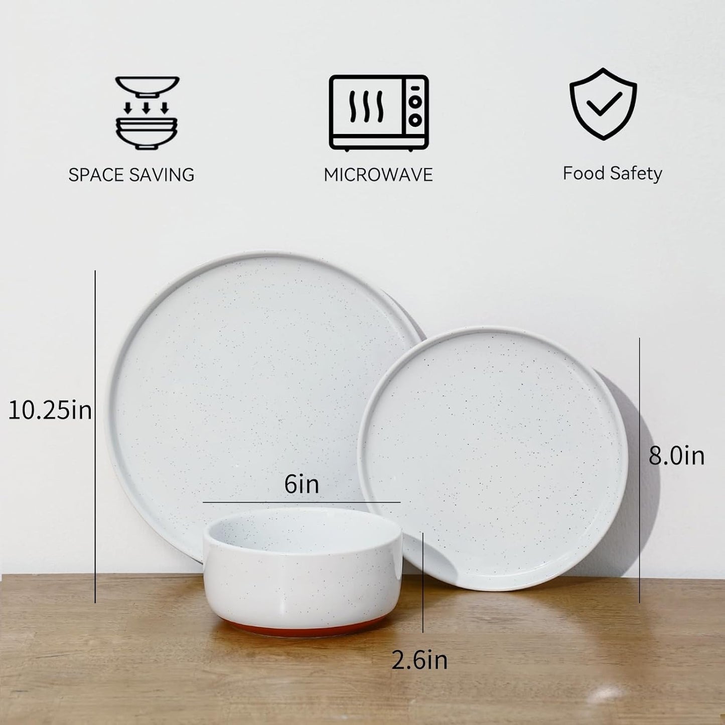 GZG Modern Art Series - 6 Pcs Speckled Stoneware Plates and Bowls Sets, Ceramic Dinnerware Set with Rustic Terracotta Underside, Microwave and Dishwasher Safe Handcrafted Dishes Set - Porcelain White