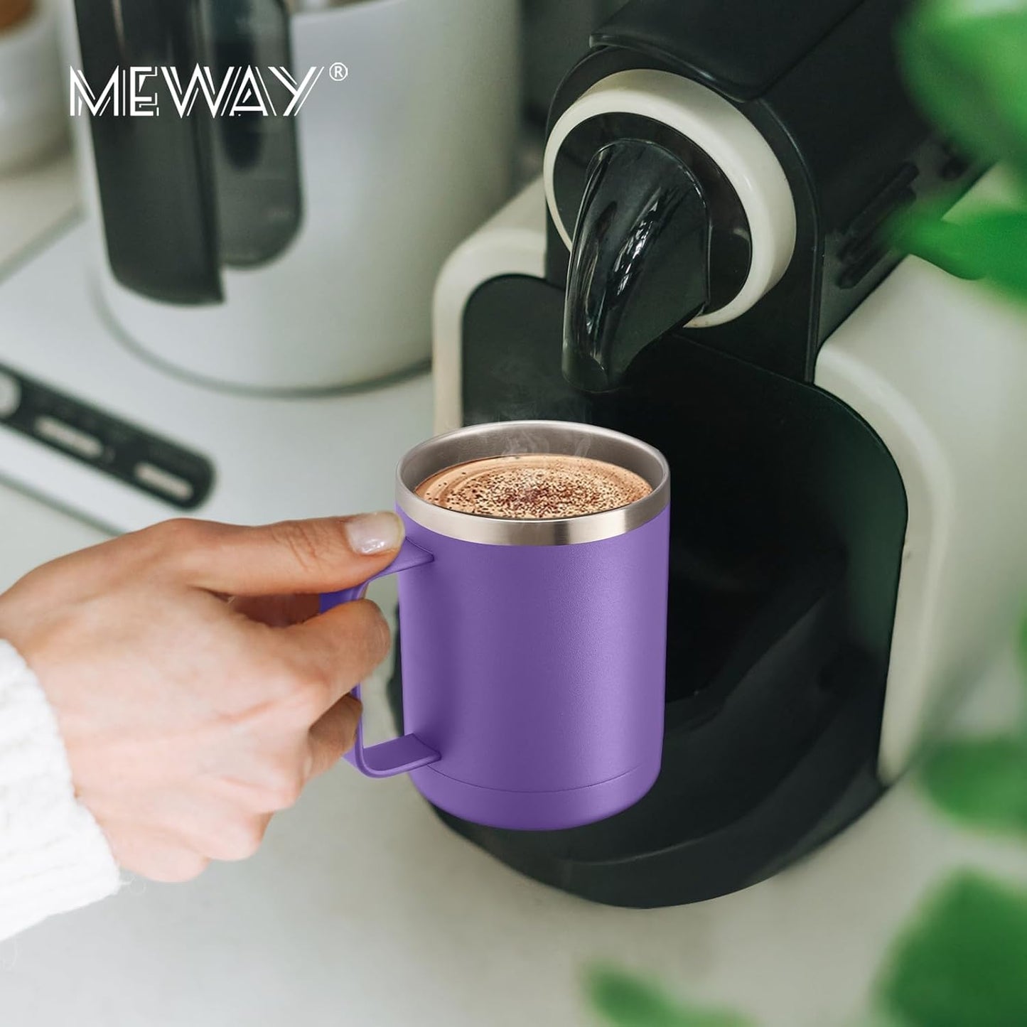 MEWAY 12oz Coffee Mug With Handle and Sliding Lid,Stainless Steel Travel Tumbler Cup with Handle,Double Wall Vacuum Insulated Camping Cup for Hot & Cold Drinks Tea (Purple,Set of 1)
