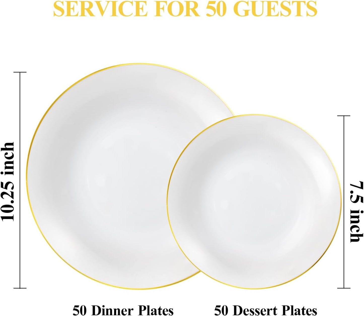 100PCS White Plastic Plates with Gold Rim, White Gold Disposable Plates for Party, Wedding, Include 50 Dinner Plates, 50 Dessert Plates for 50 Guests