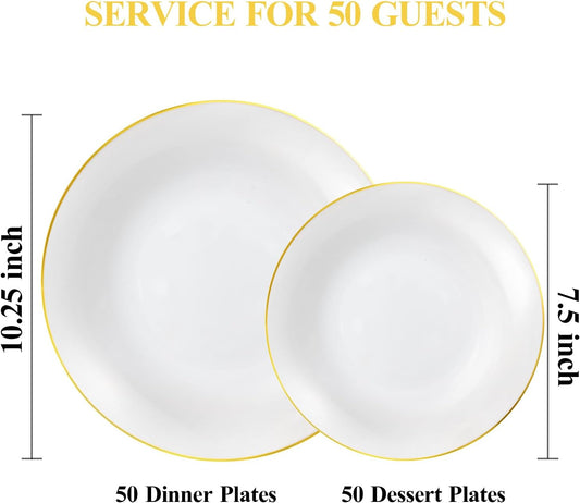100PCS White Plastic Plates with Gold Rim, White Gold Disposable Plates for Party, Wedding, Include 50 Dinner Plates, 50 Dessert Plates for 50 Guests