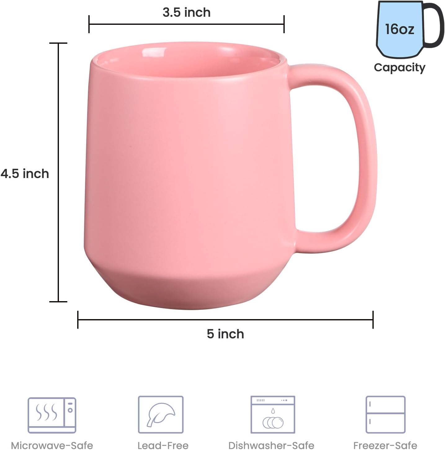 Miicol Ceramic Coffee Mug, 16 oz Large Coffee Cup, Tea Mug with Handle, Flat Bottom Mug for Men, Women, Office, Microwave and Dishwasher Safe, Multi-Color, Pink