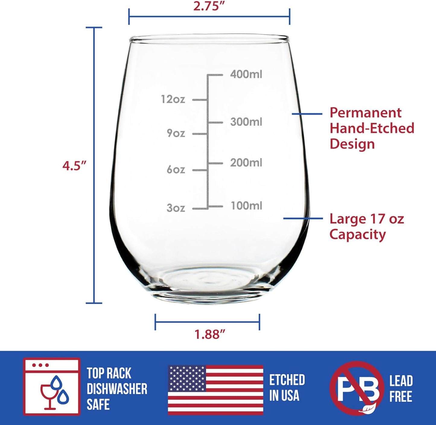 Bevvee Wine Measuring Cup - Stemless Wine Glass - Engraved Measurement Lines for Portion Control - Ounces and Metric - Large 17 Ounce