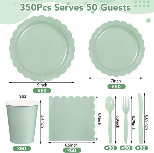 350 Pcs Sage Green Paper Plates and Napkins, Sage Green Party Supplies Include Green Scalloped Plate Paper Napkin Cup Plastic Cutlery for Baby Shower, Wedding, Birthday