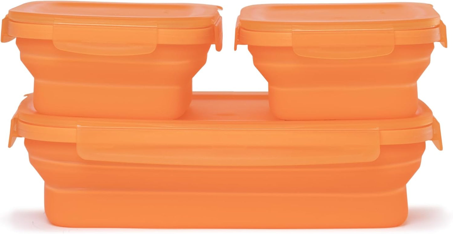 Drip EZ Secondz Collapsible Food Storage Containers (set of 3) - Meal Prep, Leftovers, Lunch, Camping, Hiking - Dishwasher & Microwave Safe - BPA-free Silicone - Locking Lids - Orange
