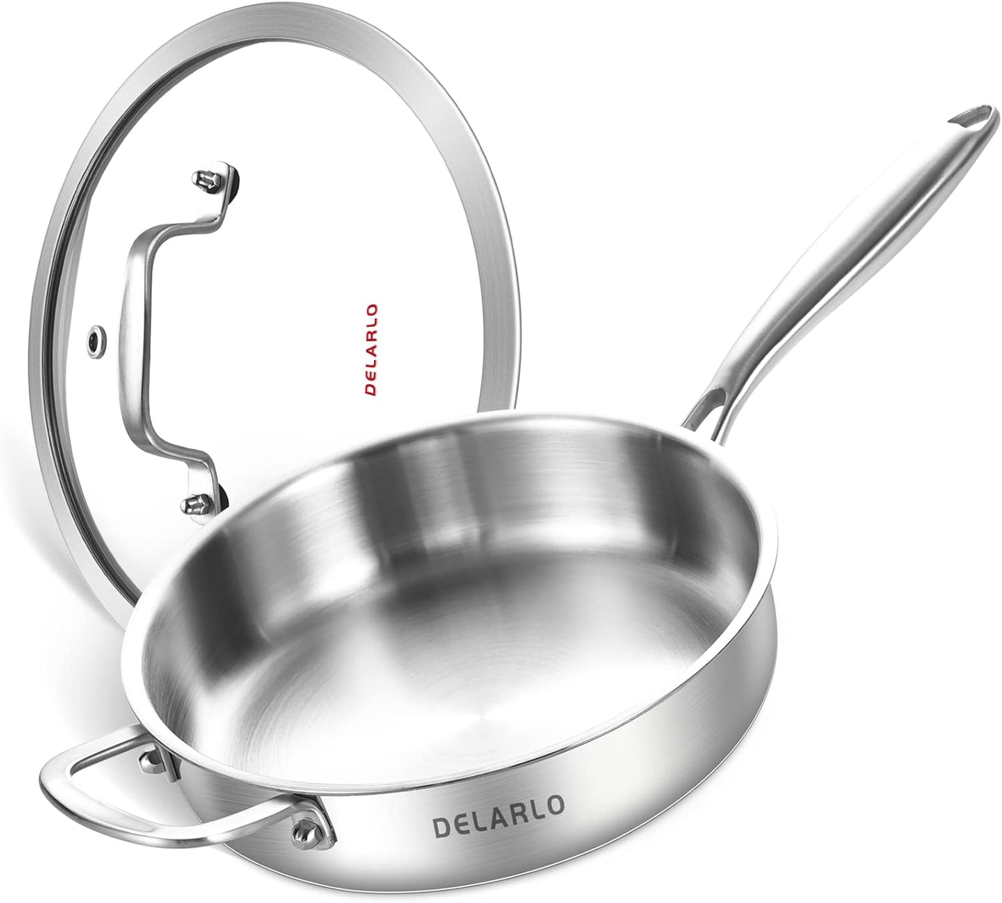 DELARLO Tri-Ply Stainless Steel 10 Inch Frying Pan,3 Quart Sauté Pan with lid,Compatible with All Cooktops,Oven Up to 660℉,Chicken Fryer,Dishwasher-Friendly