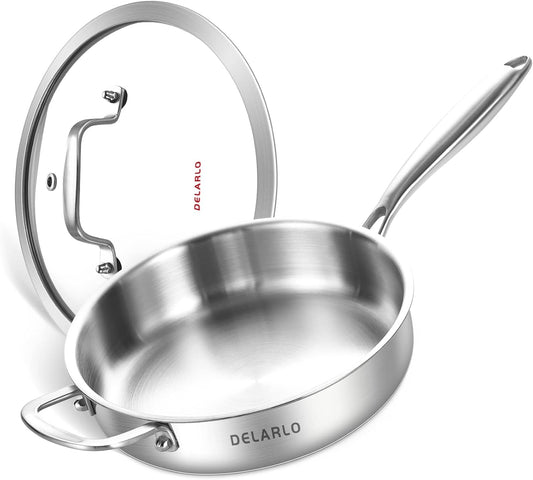 DELARLO Tri-Ply Stainless Steel 10 Inch Frying Pan,3 Quart Sauté Pan with lid,Compatible with All Cooktops,Oven Up to 660℉,Chicken Fryer,Dishwasher-Friendly
