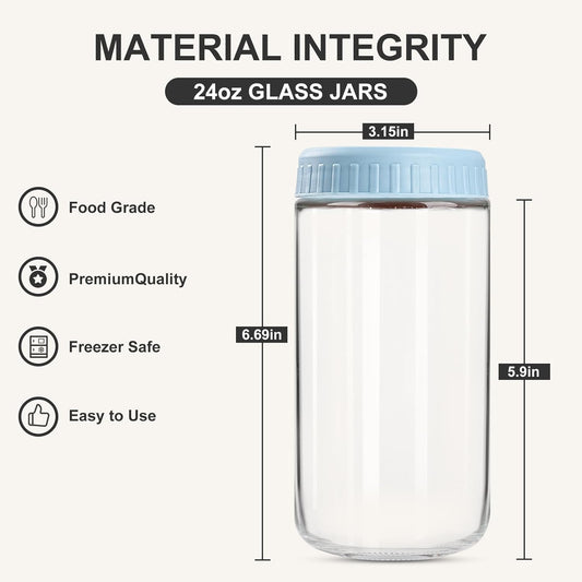 Overnight Oats Containers with Lids, 24oz Glass Jars with Lids 4 pcs, Light Blue, Wide Mouth Mason jars for Salad, Yogurt, Snacks, Meal Prep