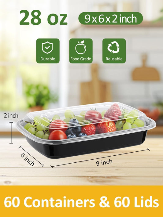 60 Sets 28oz Meal Prep Container - Reusable Plastic Food Storage Containers with Lids, Fits Microwave, Freezer and Dishwasher Safe