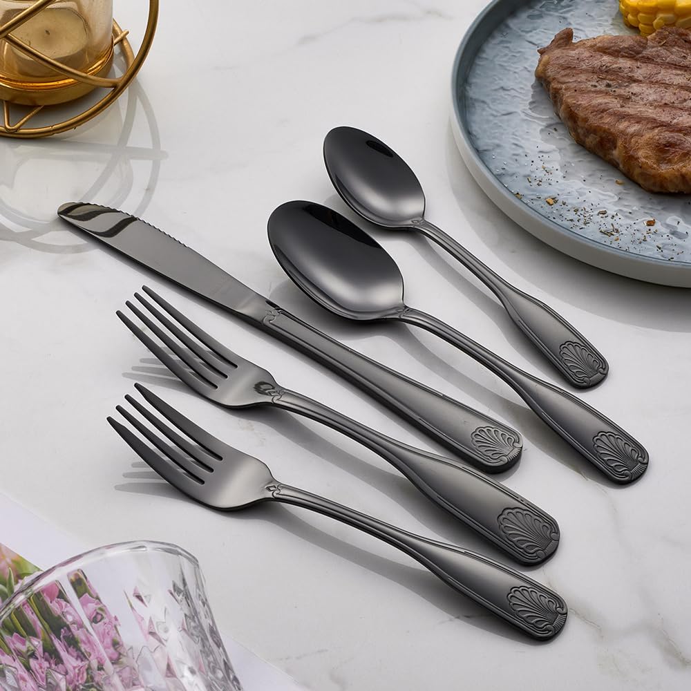 20-Piece Matte Black Flatware Set for 4, 18/0 Stainless Steel Cutlery Set with Shell Design, Dishwasher-Safe Silverware for Dinner Party, Holiday & Daily Use