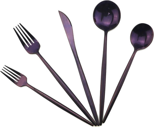 Gugrida Portable Silverware Set - 5-Piece Flatware Cutlery Set - 18/10 Stainless Steel - Mirror Polishing Purple - Travel Elegant Modern Utensils - Service for 1 Include Steak Knife Dinner Fork Spoon
