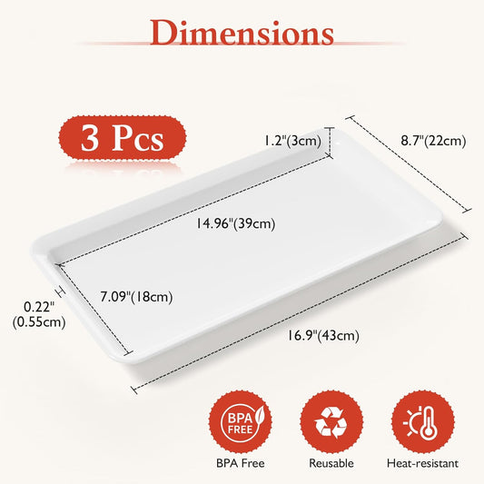 Extra Large Serving Tray Melamine Plastic for Party Supplies, 17" x 8.6" Platters for Serving Food, 3 pcs White Reusable Tray for Veggie, Snack, Fruit, Cookies, Desserts in Kitchen/Pantry Organization