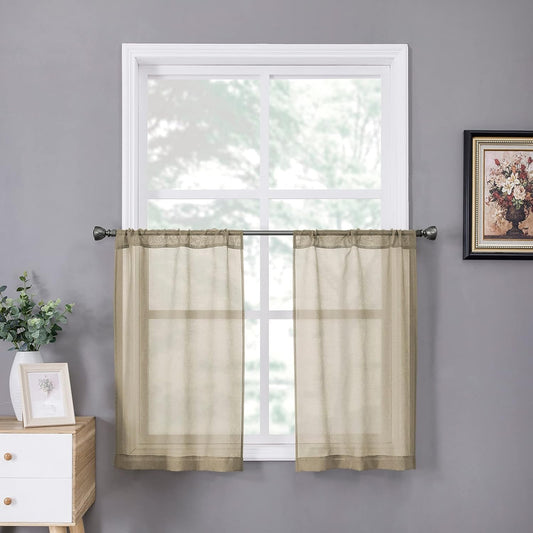 Tollpiz Short Sheer Tier Curtains Linen Textured Half Kitchen Curtain Sheers Light Filtering Rod Pocket Voile Small Curtain for Bathroom, 25 x 24 inches Long, Taos Taupe, Set of 2 Panels