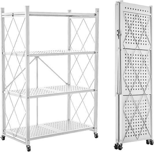 Lifetime Home 4-Tier Foldable Storage Shelf with Wheels - Metal Rack Collapsible Shelving Unit Display, Rolling Cart for Books Kitchen Storage Shelves, Pantry & Closet Organizer, Office Room Decor