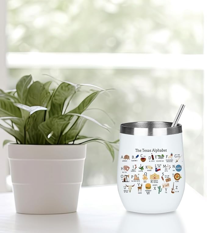 Cute Texas State Souvenirs Gifts Wine Tumbler,Texas Themed Gifts for Women Her Friend Coworkers Friendship Birthday Christmas Coffee Cup Insulated Stainless Steel 12oz Wine Glass with Lid, Straw