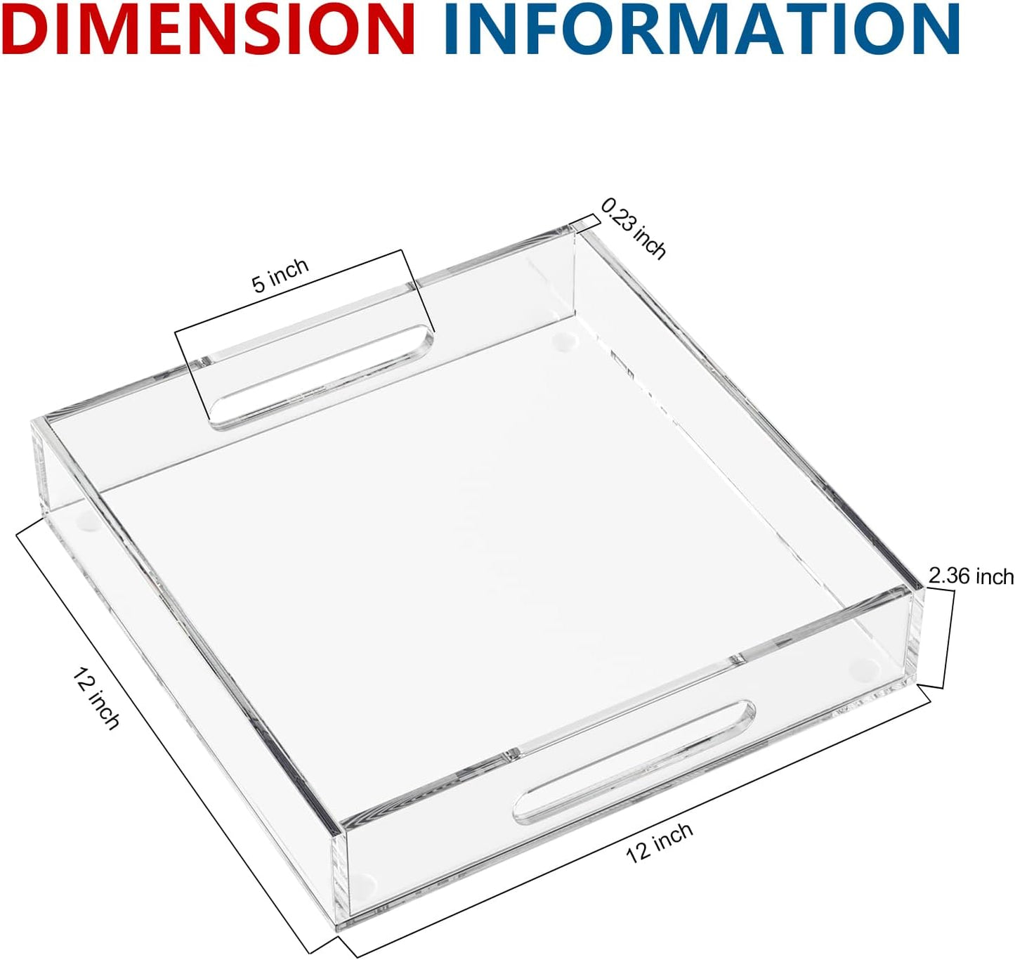Acrylic Serving Tray with Handles-12x12x2.36Inch-Decorative Tray Letter Tray Organizer for Ottoman Coffee Table Countertop, Clear