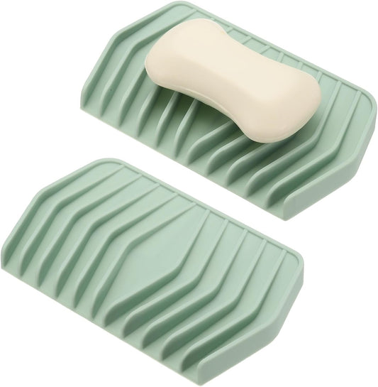 uxcell 2Pcs Soap Dish with Drainage, Silicone Self Draining Soap Bar Holder Sponge Shampoo Bars Tray for Bathroom, Shower, Bathtub, Kitchen, or Countertop(Light Green)