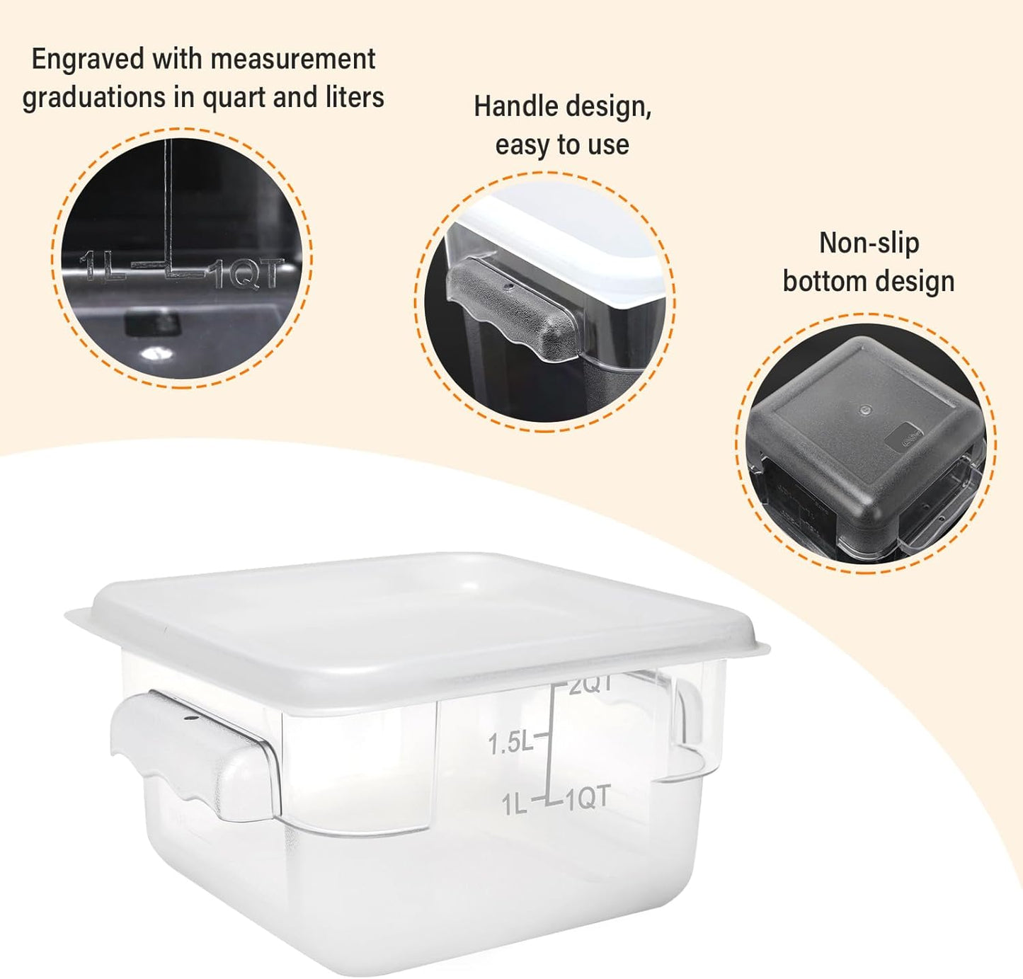 Food Storage Container with Lid (2 Pack 2Qt),Square Commercial Containers with Scales and Handles Polycarbonate Clear Food Storage for Kitchen Proof Dough Marinating Meat Fruits Vegetables