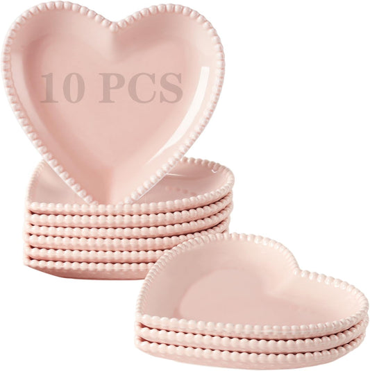 6.3 Inch Porcelain Appetizer Plates Set of 10, Heart Shape Small Dinner Plates, Dessert Salad Plates Serving Dishes for Cake, Snack, Ice Cream, Waffles, Microwave, Oven, Dishwasher Safe, Pink
