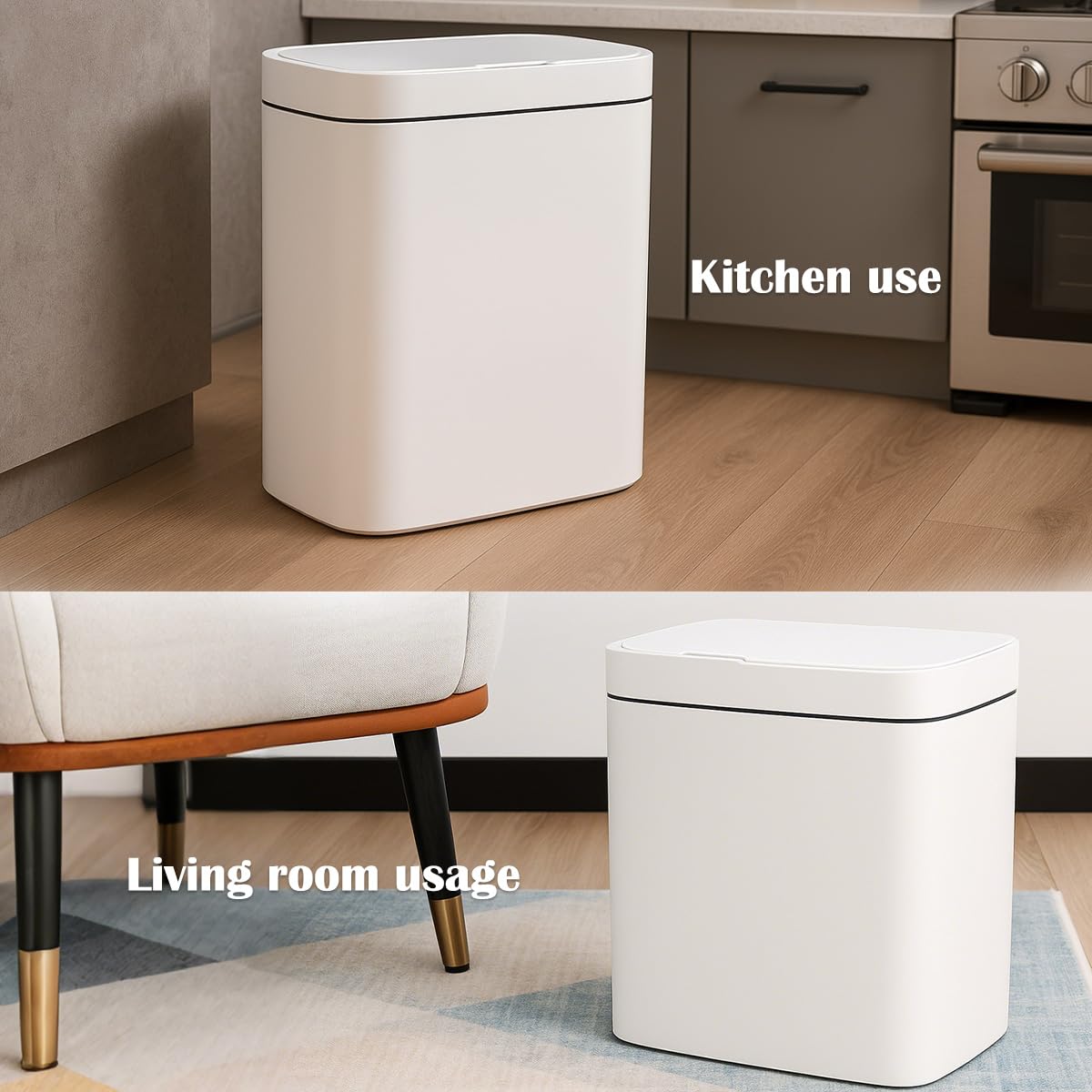 Two Gray smart sensor trash cans with a capacity of 4 gallons, supporting multiple opening methods, waterproof design, anti odor design, fast response, suitable for kitchens,bedrooms,offices, etc