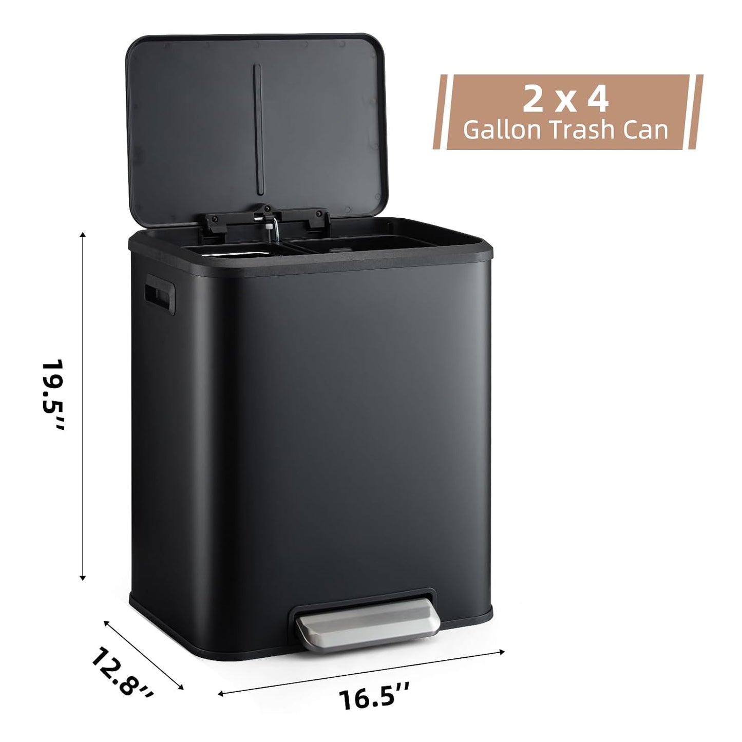 Garvee Dual Trash Can for Recycling and Trash, Stainless Steel Kitchen Trash Can with Lid and Foot Pedal, Double Compartment Garbage Can, with Recycling Bin (Black, 8 Gallon(2x4Gal))