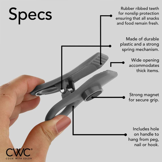 COOK WITH COLOR Bag Clips with Magnet - Chip Clips, Food Storage with Airtight Seal Grip for Bread, Snack and Food Bags (Grey Ombre, Pack of 10)