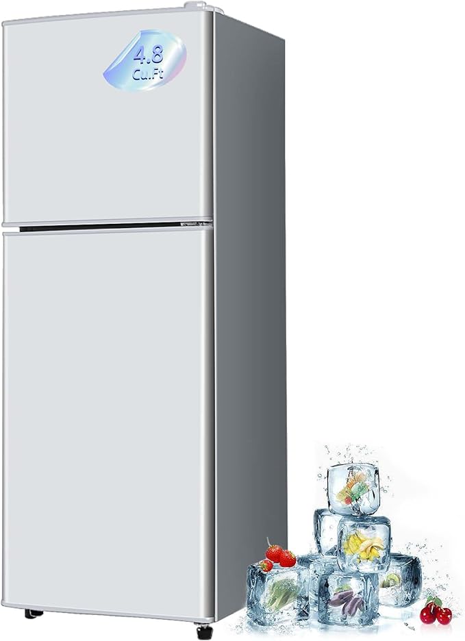 4.8 Cu. Ft. Mini Fridge with Freezer, Compact Refrigerator with Adjustable 7-Level Thermostat, Double-Door Fridge for RV, Kitchen, Office, Silver