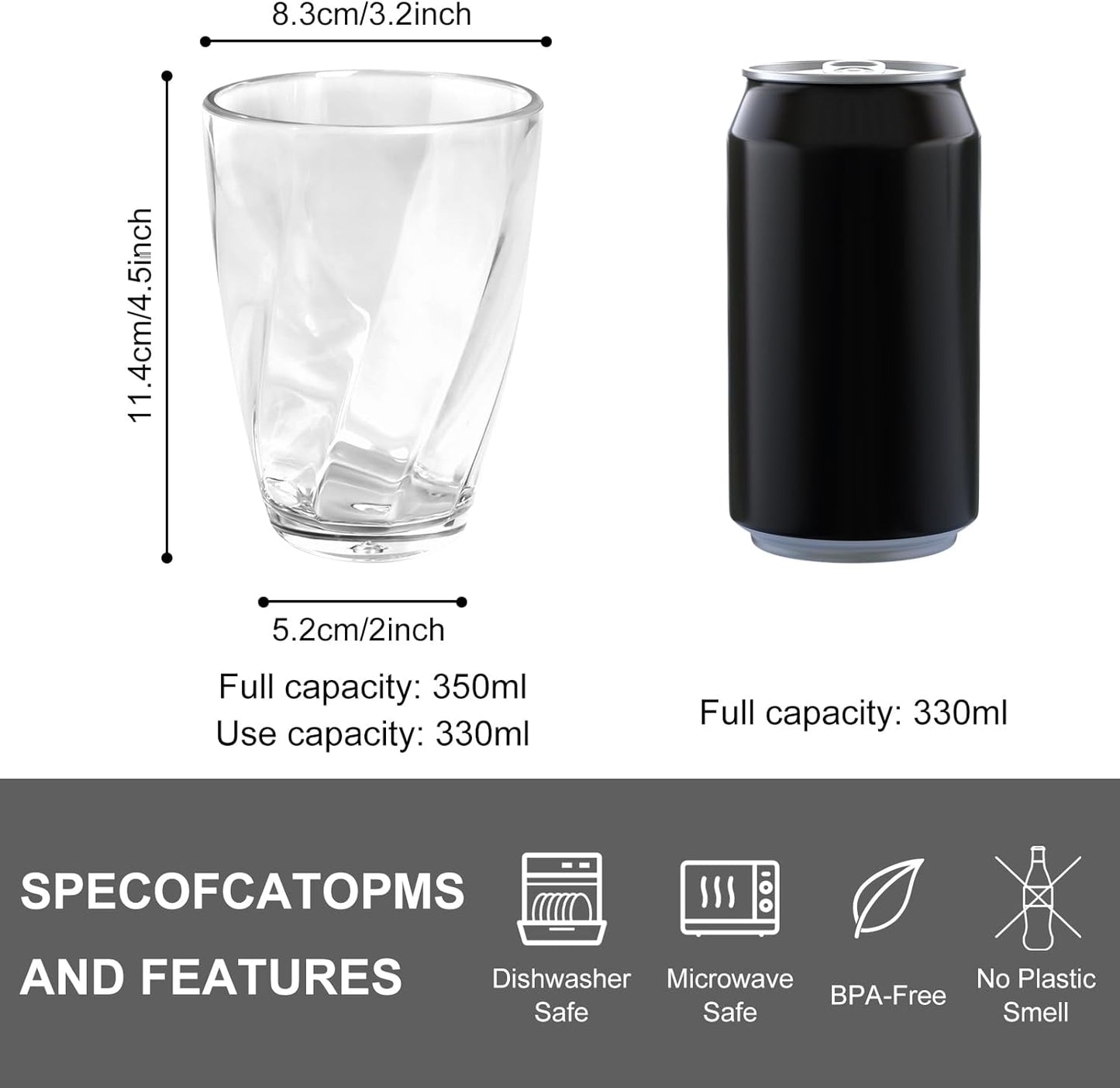 Topsky 12-ounce Plastic Water Tumblers | Set of 4 Transparent Unbreakable Drinking Glasses Clear Acrylic Reusable Juice Wine Cups for Home Picnic Party, Dishwasher Safe, Stackable