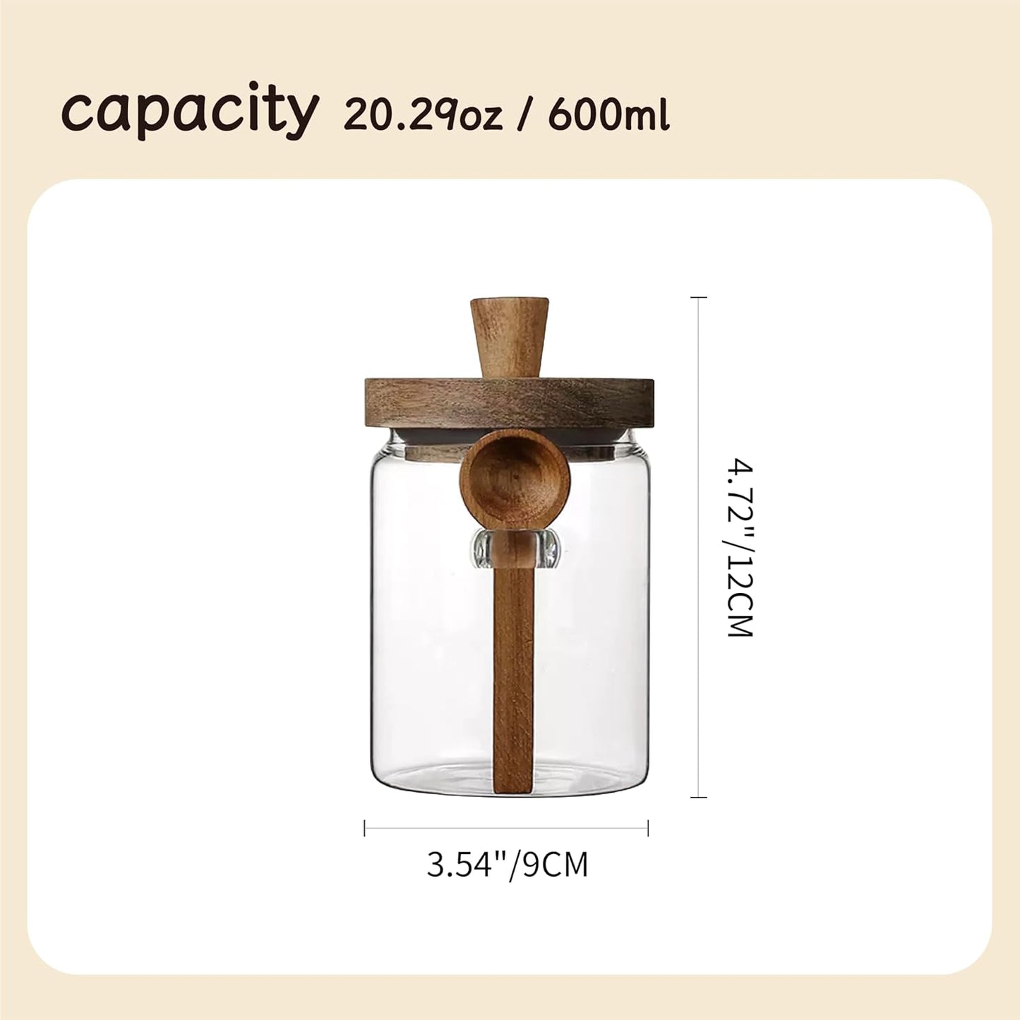Glass Food Storage Jar with Wooden Lid and Spoon, Airtight Container for Cereals, Cookies, Snacks, Kitchen Canister Set (Medium(600ml/20.3oz))