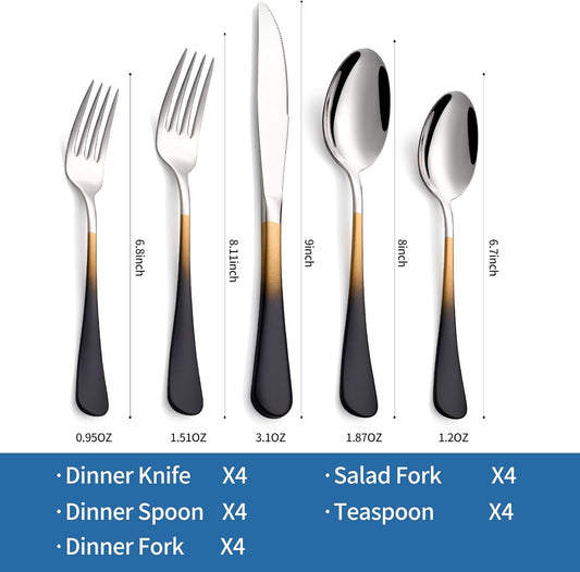 20-Piece Black Gold and Silverware Set, 18/0 Stainless Steel Colorful Handle Flatware Set,Service for 4,Modern Cutlery Set Includes Dinner Knives Forks Spoons,Mirror Polished,Dishwasher Safe
