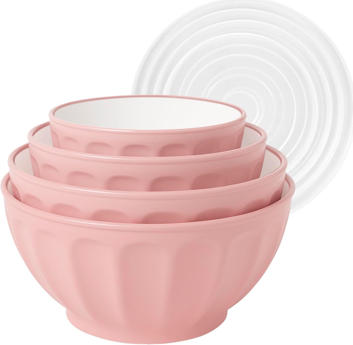 BoxedHome Mixing Bowls with Lids Set, 4PK Large 0.2” Thick Plastic Nesting Mixing Bowl, Microwave Safe,Size 1.37,2.32,3.8 and 5.07qt, Pink