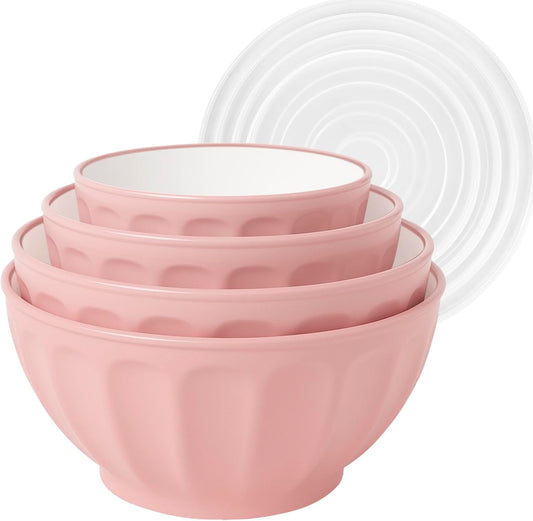 BoxedHome Mixing Bowls with Lids Set, 4PK Large 0.2” Thick Plastic Nesting Mixing Bowl, Microwave Safe,Size 1.37,2.32,3.8 and 5.07qt, Pink