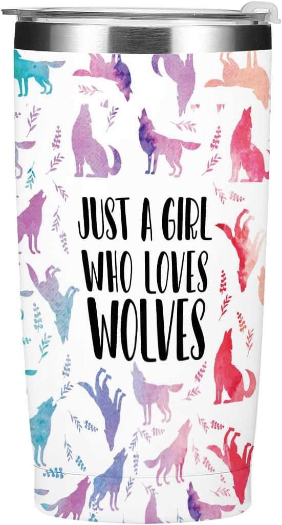 Cute Wolf Stuff Tumbler, Wolf Decor 20 oz Stainless Steel Coffee Mug，Travel Cup，Insulated Cup with Lid for Car, Perfect Gifts for Girl Sister Friend Animal Lover Christmas Birthday