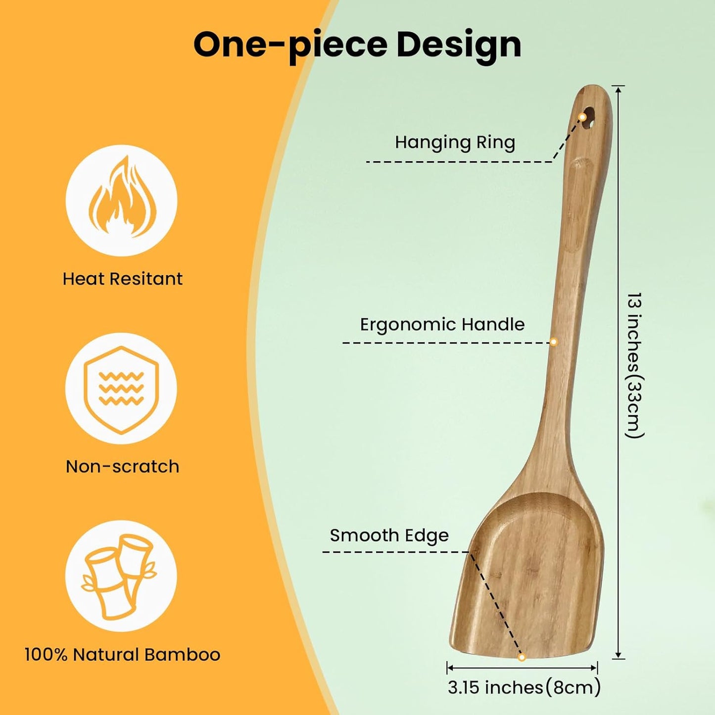 GEEKHOM Bamboo Spatulas for Nonstick Cookware, 13 Inch Wooden Kitchen Utensils, 2 Pack Flat Wood Spatula Turners for Cooking Stirring, Flipper for Pancake, Fish, Egg